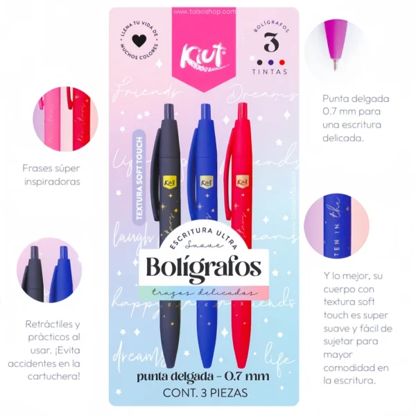 BOLIGRAFOS BLISTER*3PCS PF 0.7MM T/ROJO AZUL Y NEGRO RETRACTILES KIUT