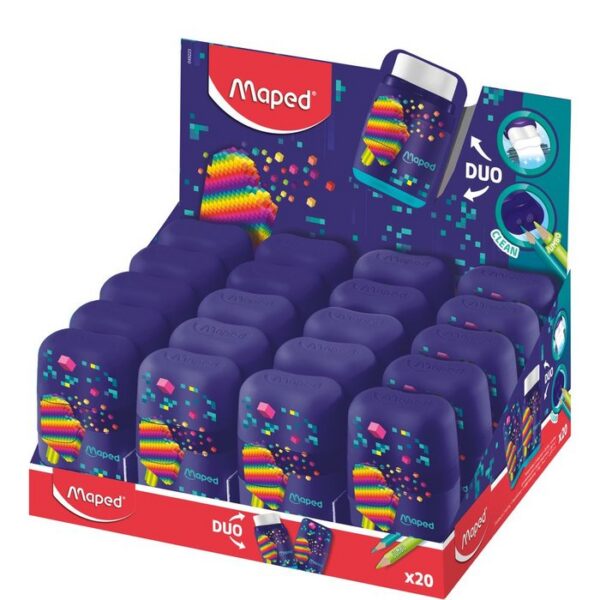 SACAPUNTAS DOBLE SERVICIO LAPICES JUMBO Y DELGADOS CON BORRADOR PIXEL MAPED