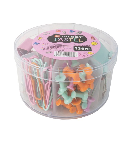 SET DE ESCRITORIO PASTEL COLORS CLIPS MANECILLAS PUSH PINS 136PCS TALBOT