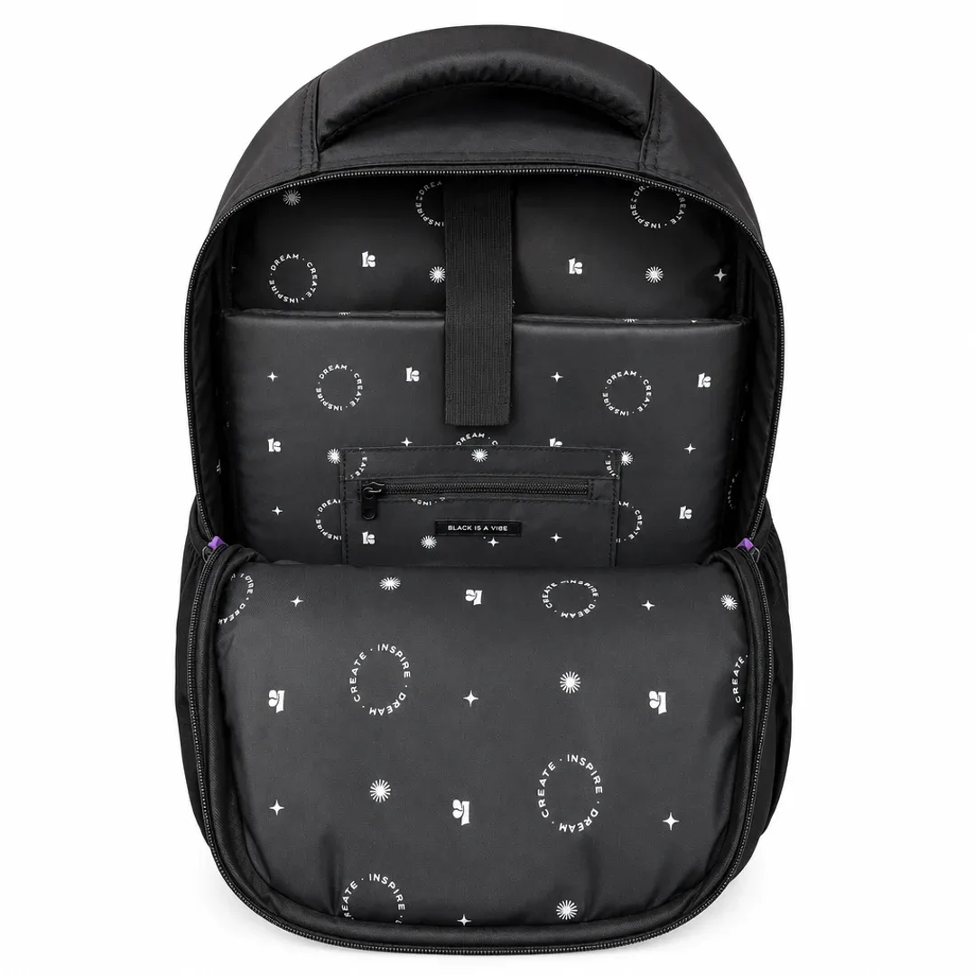 MOCHILA KIUT BAKPACK NEGRO SIMPLE BAG CIERRE LILA - Imagen 2